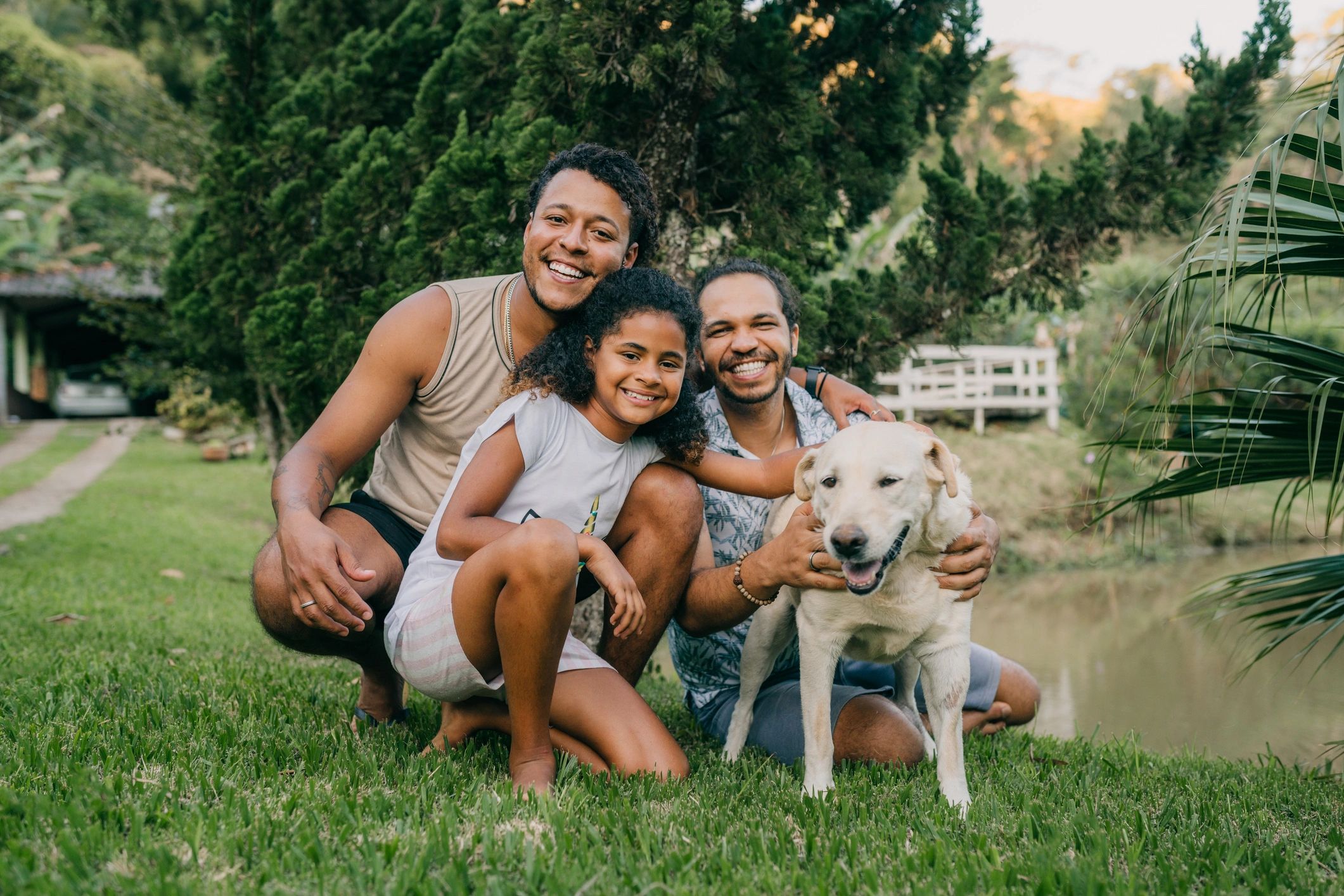 Family with dog in backyard